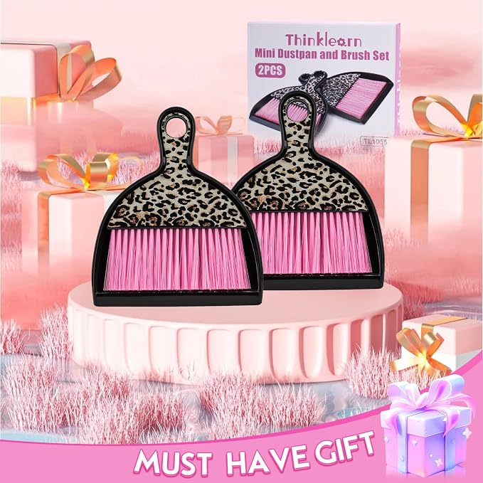 THINKLEARN 2PCS Small Dust Pan and Brush Set, Mini Broom Dustpan Kit | Portable Brush Dustpan Combo Set, Pink Leopard Print Design, Compact Cleaning Supplies