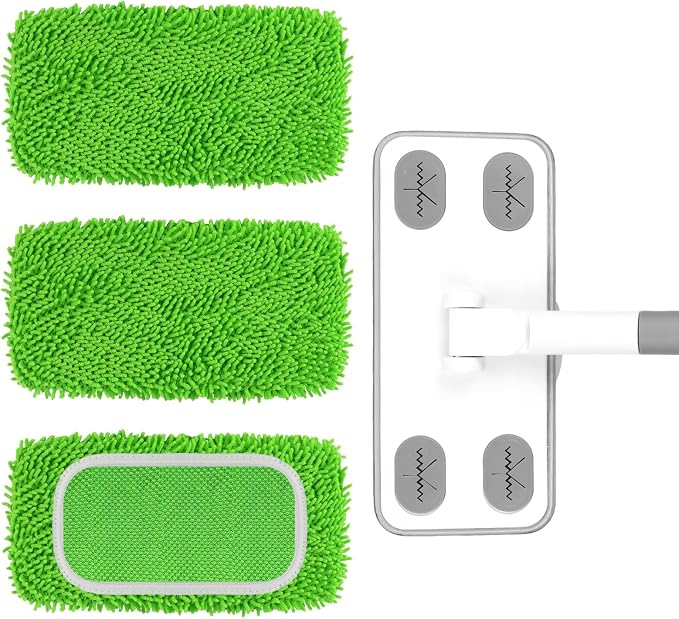 Reusable Microfiber Floor Mop System, Wet & Dry Sweeper Kit | Includes 1 Sweeper Handle, 3 Washable Chenille Mop Pads, Dry & Wet Use for Hardwood, Tile, and Laminate Floor