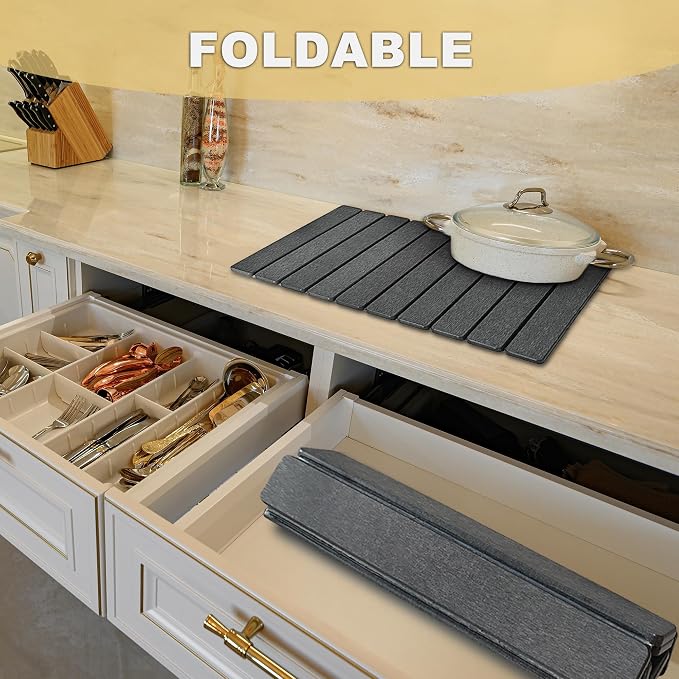 Stone Drying Mat for Kitchen Counter, 24"L x 16" W Quick Stone Dish Drying Mat Diatomaceous Earth Super Fast Absorbent Collapsible Countertop Kitchen Mats Grey