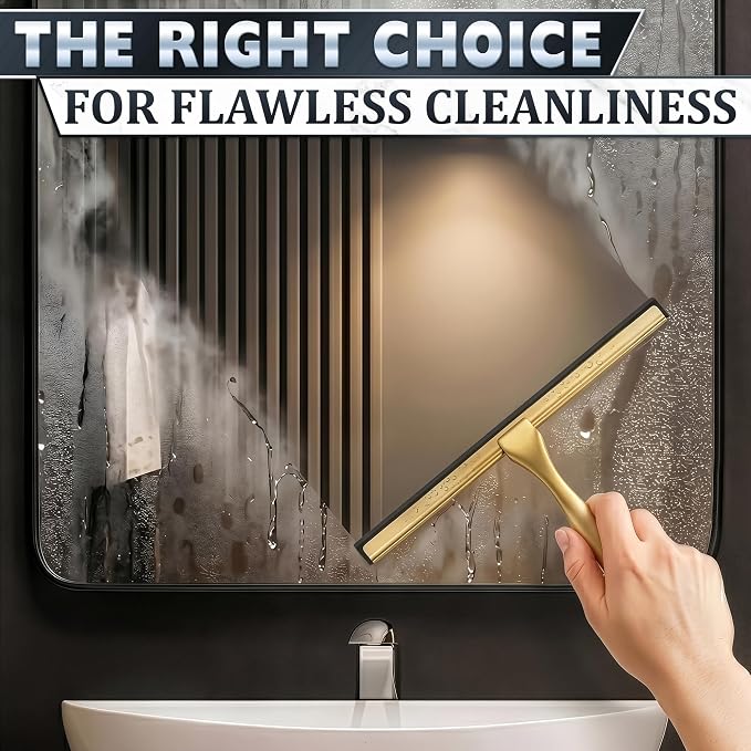Gold Squeegee for Shower Glass, 12" Silicone Blade, Stainless Steel | Shower Door Squeegee with Hook, Adhesive Mount; All-Purpose Bathroom Tile, Mirror, & Window Wiper for Streak-Free Cleaning
