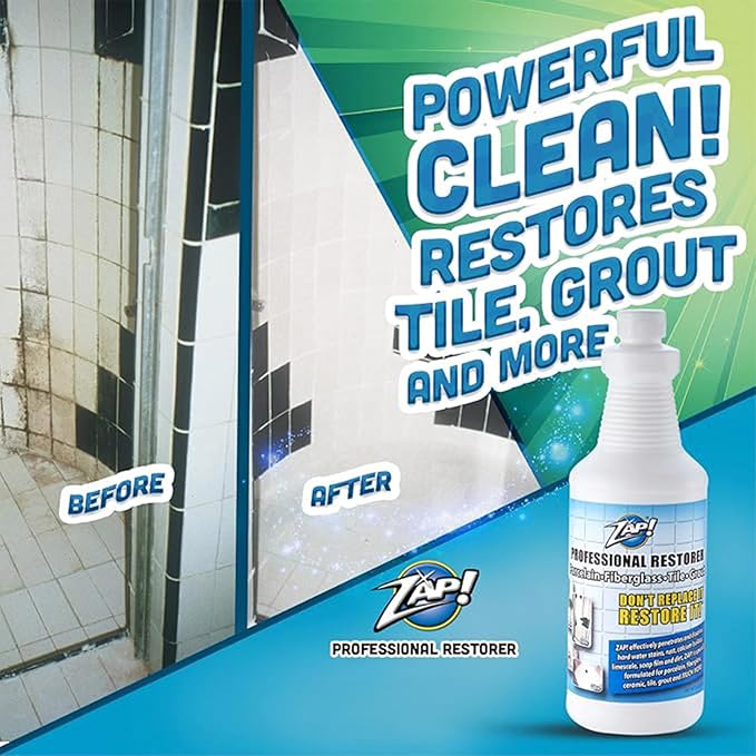 ZAP! Professional Tile & Grout Restorer | Cleans & Restores Porcelain, Fiberglass, Tile, & Grout Surfaces | Rust & Hard Water Remover | Kitchens & Bathroom Porcelain Sinks, Toilets, & Tubs