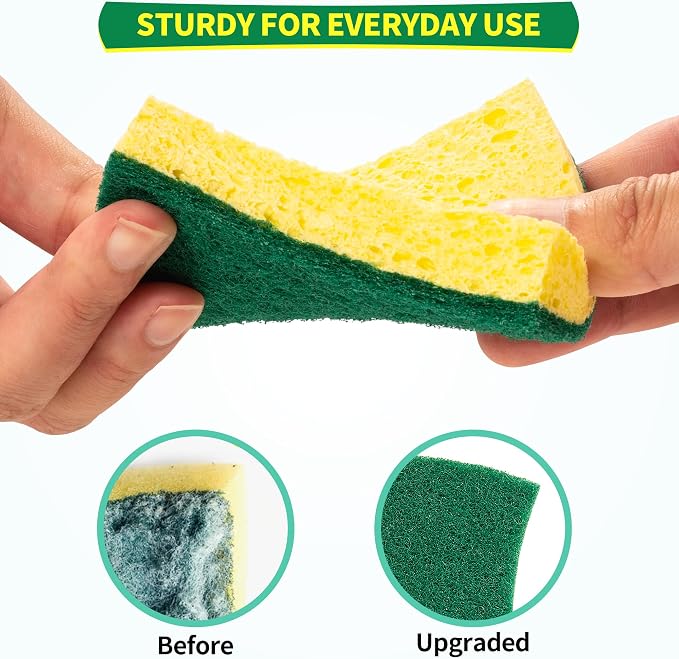 Heavy Duty Sponges, 12 Pack Cellulose Scrub Sponge, Dual-Sided Kitchen Sponge, Multipurpose Sturdy Ergonomic Design for Kitchen Dishwashing, Uncoated Cookware, Sink, and Countertops