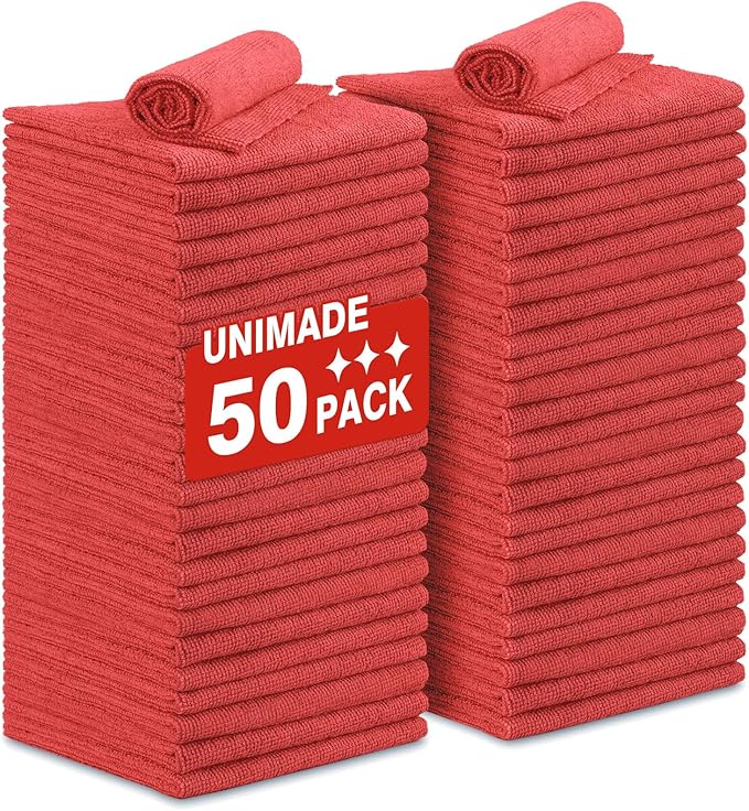 UNIMADE Shop Towels Rags, 50 Pack Reusable Shop Rags Bulk Microfiber Cleaning Cloth Lint Free Cleaning Towels for Car Kitchen Automotive Bar Mechanic Restaurant Garage, 11.5"x 11.5", Red