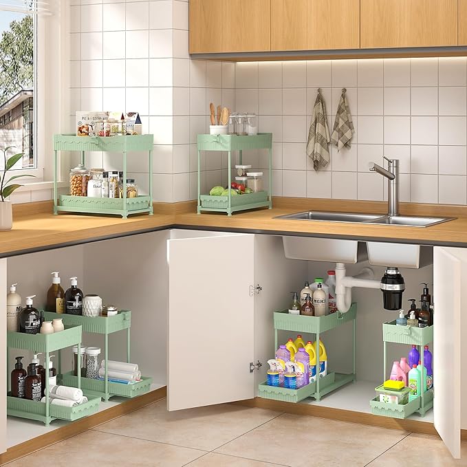 Sevenblue 4-Pack 2-Tier Under Sink Organizer with Pull Out Drawers | Multi-use kitchen & bathroom storage. Includes hanging hooks and cups. Green, space-saving cabinet design. 12.8 Inch