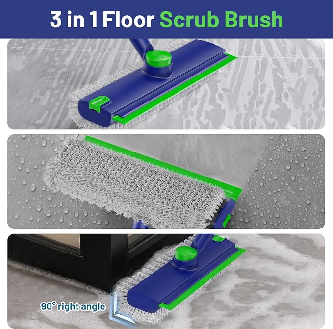 3 in 1 Floor Scrub Brush with Long Handle & Squeegee | Heavy-Duty, Adjustable, 360° Rotating Head for Cleaning Tile Bathroom Deck Kitchen Patio, Blue