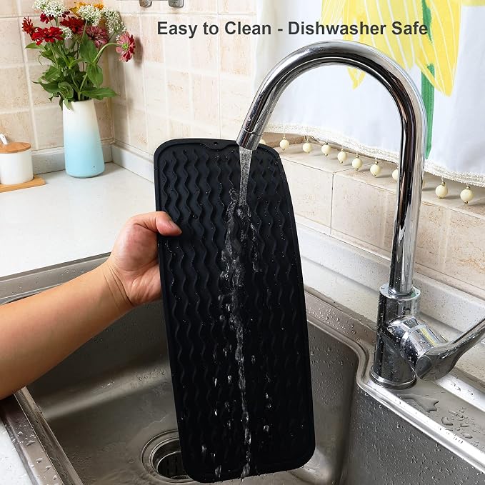 ZLR 2 Pcs Small Dish Drying Mat (6" x 17" / 153 x 433mm) - Narrow Silicone Drainer for Kitchen Counter, Apartment & RV - Compact Sponge Holder & Sink Caddy Tray, Non-Slip Food-Grade Silicone (Black)