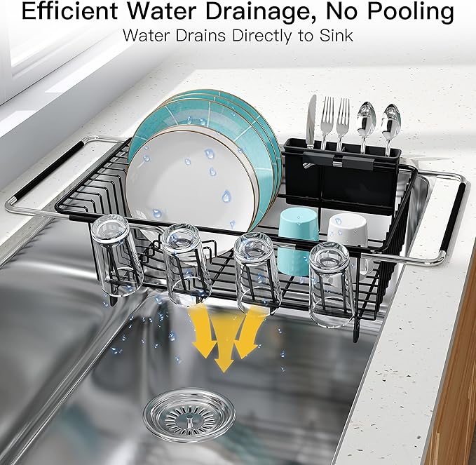 JASIWAY Black Dish Drying Rack in Sink, Expandable Stainless Steel Dish Drainers for Kitchen Counter, Dish Dryer Rack for Inside Sink, Over The Sink Dish Racks with Utensil Holder