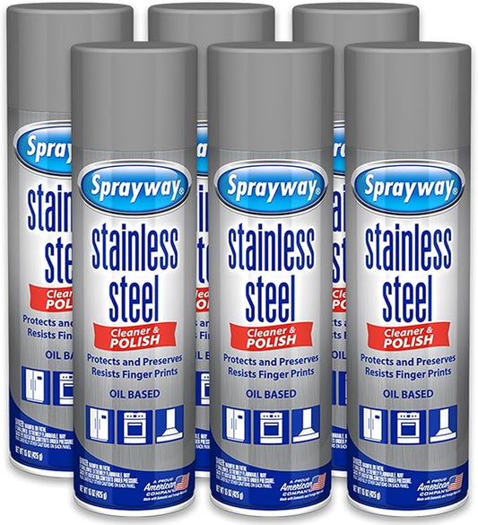 Sprayway Stainless Steel Cleaner Aerosol Spray (Oil-Based), 15oz, Pack of 6 | Cleans, Polishes, Protects | Resists Fingerprints, Foaming Action | Ideal for Stainless Steel Appliances & Surfaces