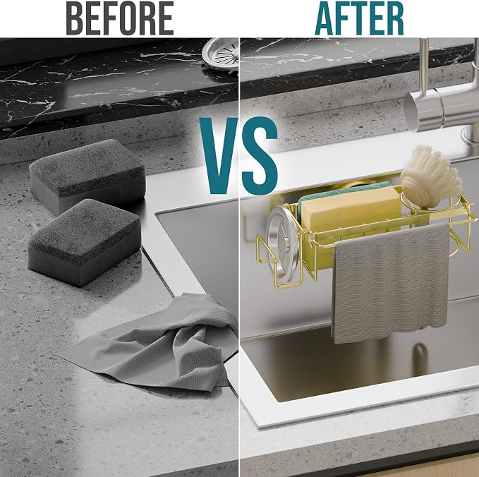 TAILI Sponge Holder with Strong Suction Cup, 4-in-1 Rustproof Sink Organizer - Sink Caddy Holds Sponges, Brushes, Stoppers & Scrapers -Gold