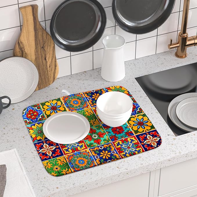 Mexican Tiles Dish Drying Mat for Kitchen Counter Absorbent Microfiber Dish Drying Pad Kitchen Gadgets Multi-use