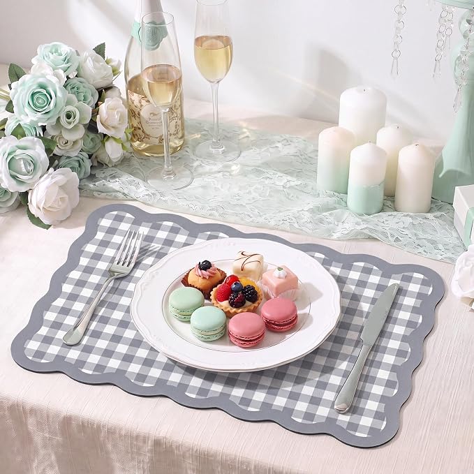 Scalloped Gingham Coffee Mat 12" x 20" Absorbent Coffee Bar Mat Gingham Espresso Matt for Counter(Gray)