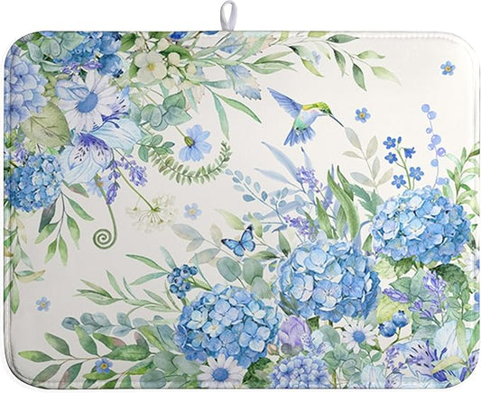 Blue Hydrangea Dish Drying Mat for Kitchen Counter 18 x 24 Inch Spring Floral Hummingbird Butterfly Absorbent Microfiber Dish Mat Reversible Washable Heat Resistant Dry Pad for Coffee Bar