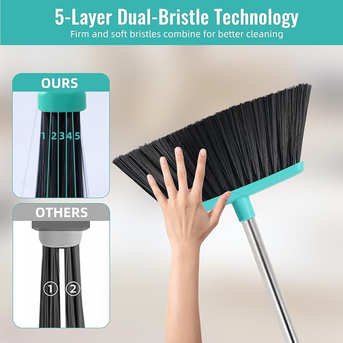 Broom with Dustpan Combo Set, Silicone Broom Squeegee and Scrub Brush Set with Long Adjustable Handle for Indoor & Outdoor Sweeping and Scrubbing, Ideal for Pet Hair, Liquids and Dirt