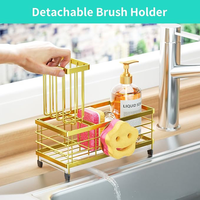 HapiRm Sink Caddy Sponge Holder - Self-draining Kitchen Sink Organizer with Smiley Face and Brush Holder, Stainless Steel Kitchen Organizer for Countertop - Gold