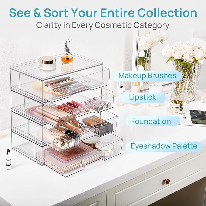 Vtopmart 12.1''W Clear Stackable Storage Drawers,4 Pack Acrylic Plastic Organizers Bins for Makeup Palettes, Cosmetics, and Beauty Supplies,Ideal for Vanity, Bathroom,Cabinet,Desk Organization