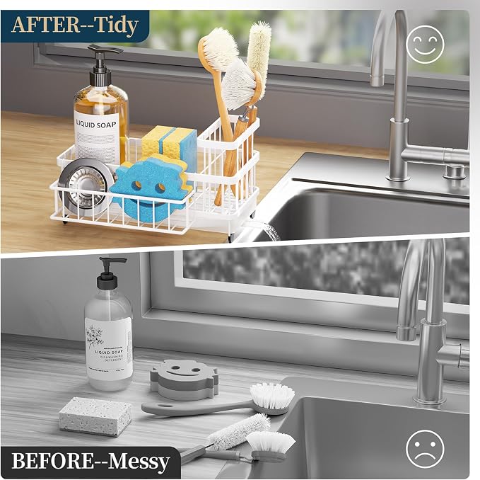 Consumest Sponge Holder for Kitchen Sink - Auto Draining Sink Caddy Organizer with Detachable Rack, High Brush Holder, Kitchen Countertop Storage Accessories, White