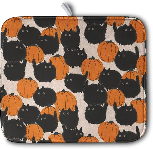 Happy Halloween Dish Drying Mat for Kitchen Counter 16x18 Inch Cute Pumpkin Black Cat Trick or Treat Drying Mats Large Microfiber Absorbent Dish Rack Pad for Coffee Bar Sinks Home Accessories