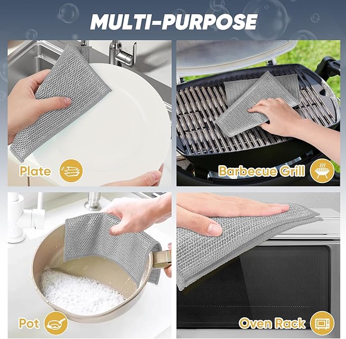 Orighty Multipurpose Wire Dishwashing Rag, 48 Pcs Upgraded Double-Layer Non-Scratch Wire Dish Cloths, Reusable Steel Scrubber Dishcloth Rags for Kitchen, Cookware, 7"x8", Grey