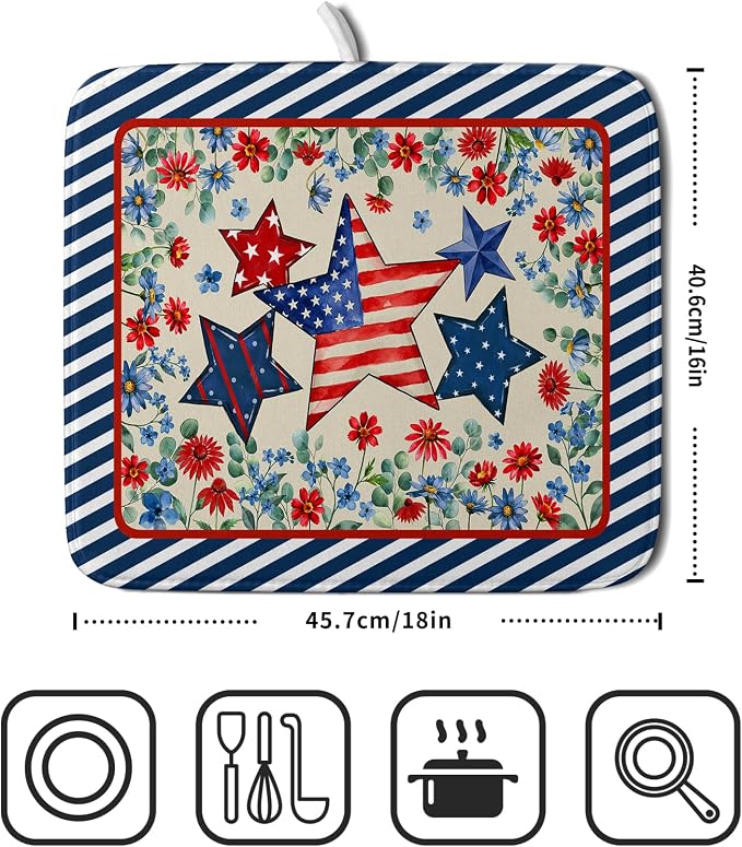 Patriotic Stars Dish Drying Mat for Kitchen Counter 4th of July Holiday Absorbent Reversible Microfiber Dish Pad Small