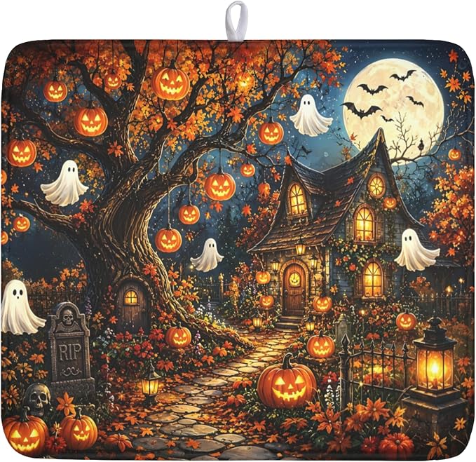 Halloween Dish Drying Mat for Kitchen Counter Seasonal Holiday Fall Spooky Pumpkin Ghost Microfiber Dish Drainer Mat Vintage Rustic Absorbent Washable Drying Pad 16"x18"