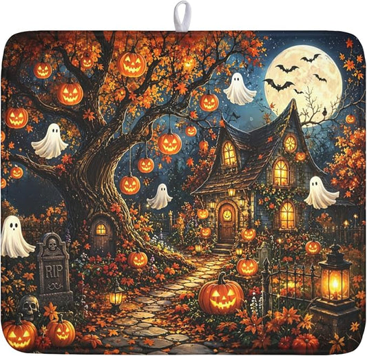 Halloween Dish Drying Mat for Kitchen Counter Seasonal Holiday Fall Spooky Pumpkin Ghost Microfiber Dish Drainer Mat Vintage Rustic Absorbent Washable Drying Pad 16"x18"