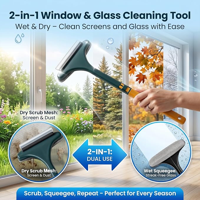 Window Mesh Screen Cleaner Brush 2 in 1 Double Sided Cleaning Tool Kit Outdoor Squeegee Washer for Glass Scrubber Multifunctional Wet & Dry Long Limpiador De Ventanas De Vidrio Scraper
