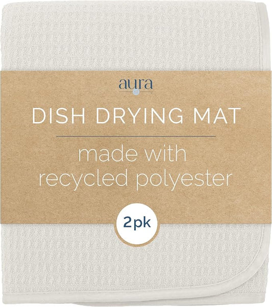 S&T INC. AURA Dish Drying Mat XL 2 Pack, 18” x 24”, Made from Recycled Materials, Absorbent Microfiber Kitchen Counter Mat, Dish Drying Pad for Dishes, Utensils, Pots and Pans, Extra Large, Cream