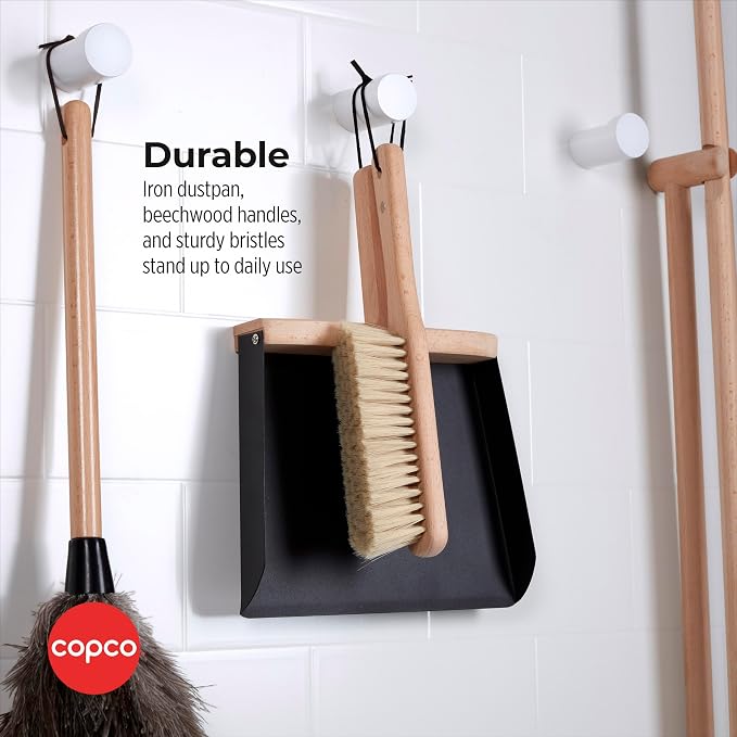 Copco Hand Brush and Dustpan Set - Wooden Beechwood Handle Broom and Dust Pan with Soft Bristles, Leather Loop Hanging Storage, Iron Dustpan, Kitchen and Home Cleaning Essentials