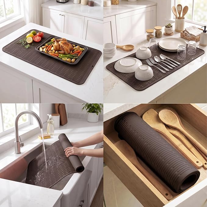 MicoYang Silicone Dish Drying Mat for Multiple Usage,Easy clean,Eco-friendly,Heat-resistant Silicone Mat for Kitchen Counter or Sink,Refrigerator or Drawer Liner Coffee 5XL 36inches x 18inches