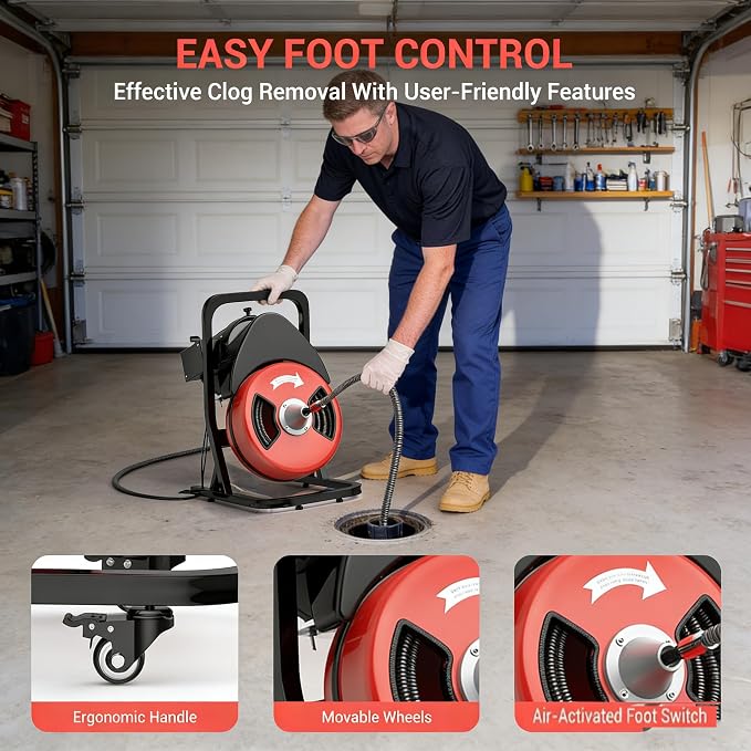 50FTx1/2 Inch Drain Cleaner Machine with Wheels, Sewer Snake Electric Drain for 2" to 4" Pipes, Plumbing Snake Auger Cleaner with 6 Cutter & Foot Switch for Sewer, Sink, Toilet, Bathroom