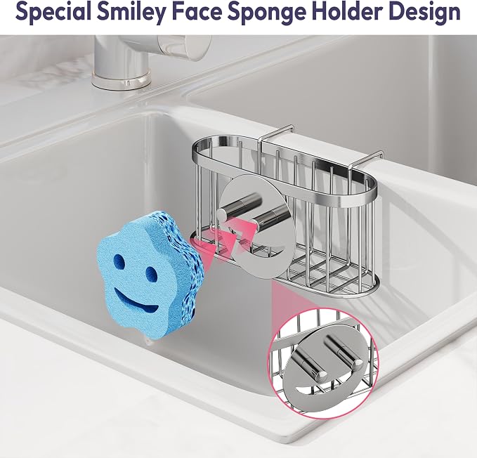SWTYMIKI Sponge Holder for Kitchen Sink - Movable Sink Caddy with Smiley Face Sponge Holder, Rustproof Hanging Sponge Organizer in Double Bowl Sinks Depth>3.15in, Middle Divider<1.5in, Silver