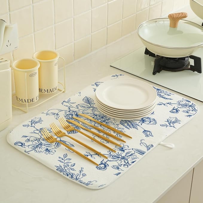 Blue Floral Dish Drying Mats 18x24 Inch Blue and White Chinoiserie Flower Drying Mats Seasonal Vintage Decorative Coffee Bar Mat Absorbent Fast Drying for Kitchen Dining Room Decor