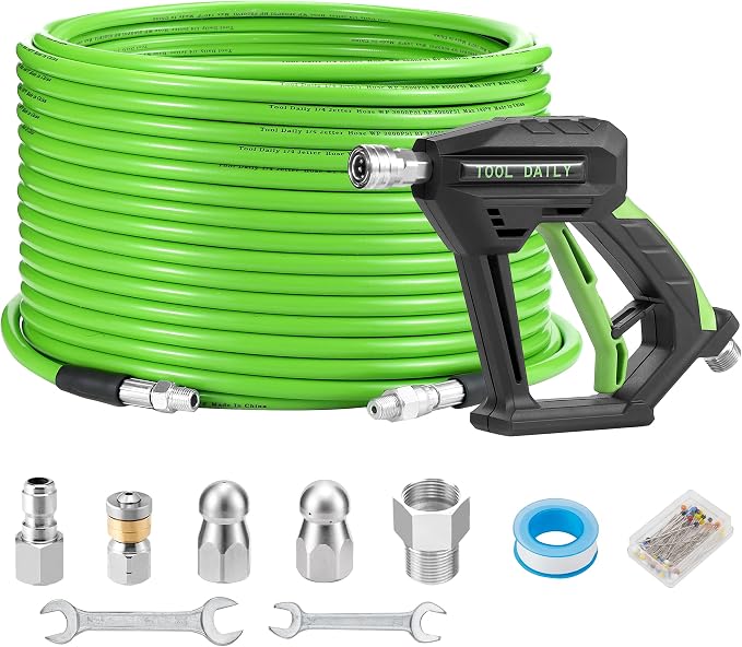 Tool Daily Sewer Jetter Kit for Pressure Washer 100 FT, Power Washer Gun | Drain Cleaner Hose 1/4 Inch NPT, Corner, Rotating and Button Nose Sewer Jetting Nozzle, 3600 PSI