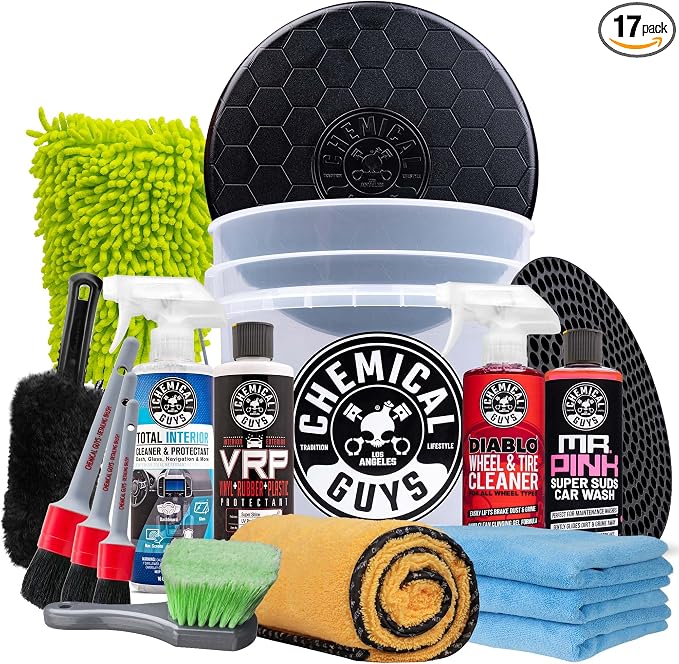 Chemical Guys Complete Car Detailing Kit, 17 Items | Car wash soap, wheel cleaner, bucket, and brushes, 17 piece wash kit, complete DIY car wash and detail kit