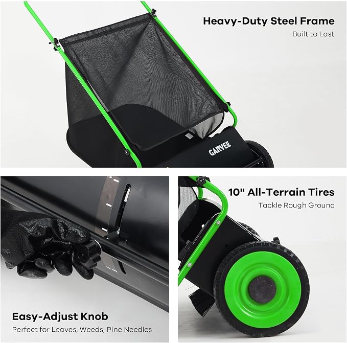 26-Inch Push Lawn Sweeper, Heavy Duty Leaf Sweeper with 4 Brushes & 7Cu.ft Bag, Adjustable Height Steel Frame Leaf,Manual Yard Sweeper for Collector for Yard, Lawn, Garden, Patio