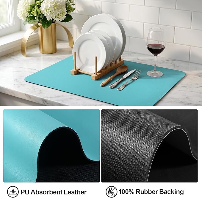 Ecotrim - Dish Drying Mat for Kitchen Counter | Coffee Bar Mat for Countertops | Heat Resistant Drainer Mat with Non-slip Rubber Backed | Hide Stain Kitchen Absorbent Draining Mat | Turquoise 18"x24"