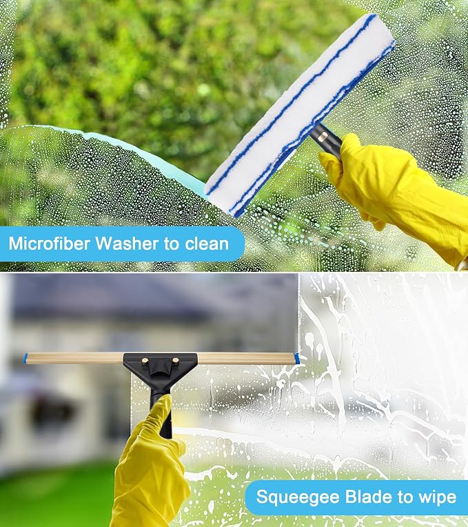Professional Window Cleaning Kit with 50" Extension Pole, 8-in-1 Window Scrubber Squeegee Set, 14" Flexible Head, 3 Gallon Storage Bucket, Spray Bottle Microfiber Cloths for High Indoor/Outdoor Glass