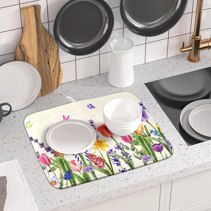 Spring Summer Colorful Flower Dish Drying Mat 16x18 Inch Spring Wildflowers Kitchen Pad Botanical Floral Drainer Rack Mats Absorbent Fast Dry Microfiber Dish Drying Pad for Countertop Table Decoration