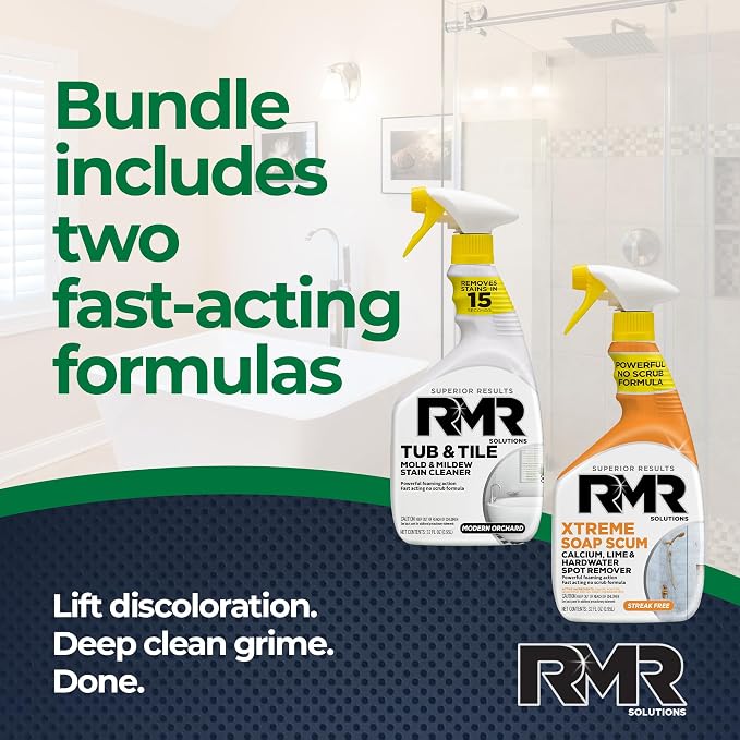 RMR Bathroom Breakthrough Bundle – Tub & Tile Cleaner + Xtreme Soap Scum Remover, 2-Step Deep Clean System for Shower, Tub, Tile, Grout, & Glass Buildup, Stains, & Grime, 2–32 Oz Bottles