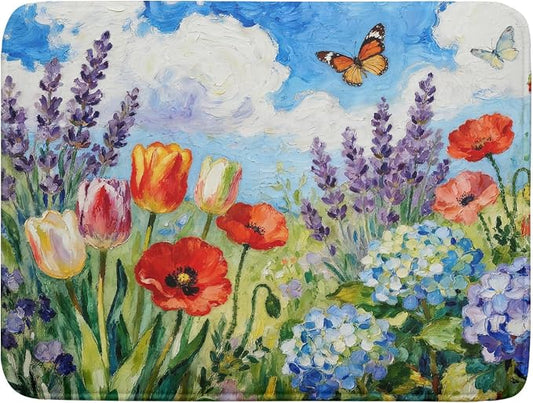 Spring Dish Drying Mat for Kitchen Counter 18x24, Floral Decorative Absorbent Reversible Microfiber Kitchen Countertop Protector Dishes Drainer Pad, Flower Butterfly