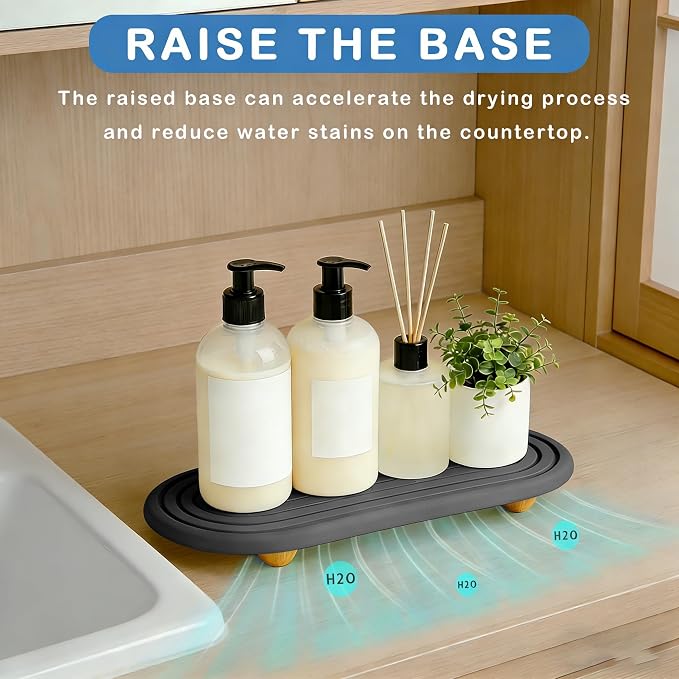 Instant Dry Sink Tray, Anti-Slip Stone Sink Caddy, Durable Kitchen Sink Organizer, Quick Dry Water Absorbing Stone Tray for Bathroom Counter, Stone Soap Tray -Dark Gray