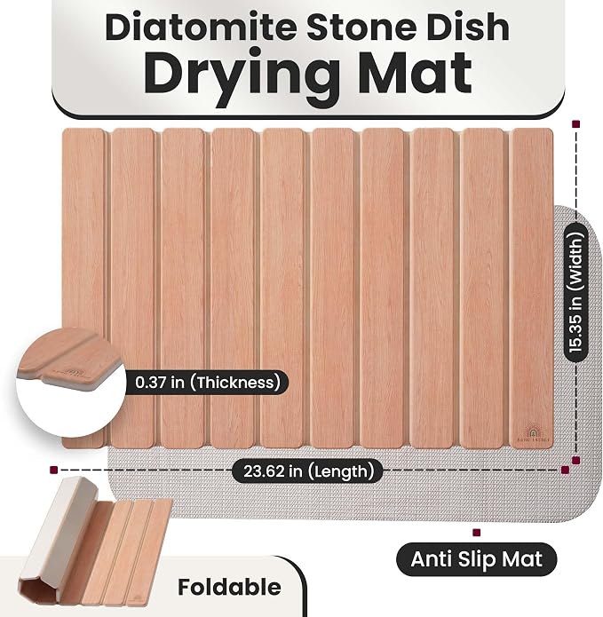Large Stone Dish Drying Mat For Kitchen Counter | Non-Slip, Super Absorbent Diatomaceous Dish Dry Matt | Rollable Stone Drying Mat For Kitchen Counter, Heat-Resistant, Easy to Clean, Light Oak Color