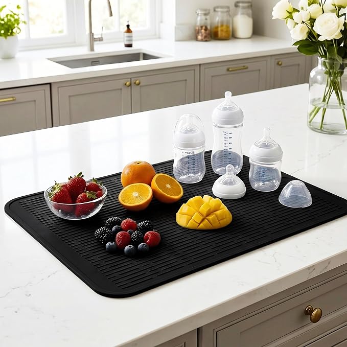 MicoYang Silicone Dish Drying Mat for Multiple Usage,Easy clean,Eco-friendly,Heat-resistant Silicone Mat for Kitchen Counter or Sink,Refrigerator or Drawer Liner Black 3XL 28 inches x 18 inches