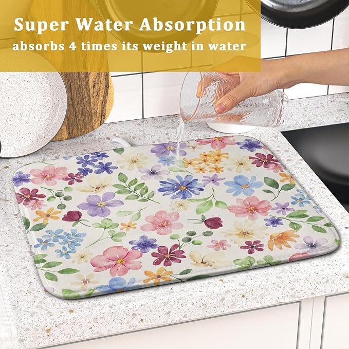 Spring Floral Dish Drying Mat for Kitchen Counter 16x18 Easter Green Pink Purple Blue Cute Flower Print Absorbent Reversible Microfiber Drying Mats Kitchen Countertop Protector Dishes Drainer Pad