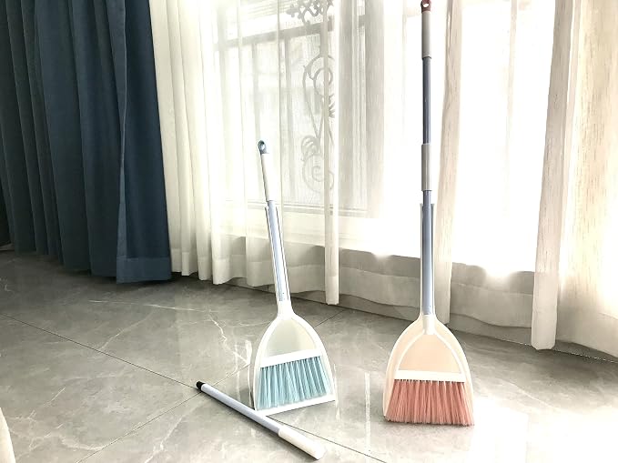 Mini Broom with Dustpan for Kids,Little Housekeeping Helper Set (White+Pink)