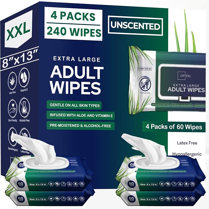 OPTEEL Adult Wipes for the Elderly – Extra Large 8x13, Pre-Moistened 240ct | Rinse-Free, Unscented, Super Soft, Aloe & Vitamin E Infused Disposable Washcloths for Personal Cleansing & Incontinence Care