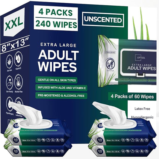 OPTEEL Adult Wipes for the Elderly – Extra Large 8x13, Pre-Moistened 240ct | Rinse-Free, Unscented, Super Soft, Aloe & Vitamin E Infused Disposable Washcloths for Personal Cleansing & Incontinence Care
