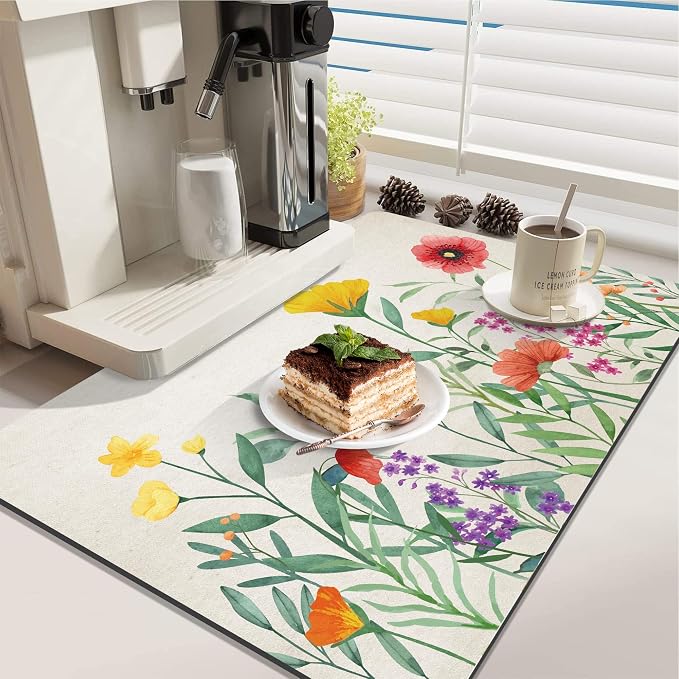 LOKHOM Dish Drying Mat for Kitchen Counter, 18"x24" Absorbent Coffee Bar Mat with Spring Floral, Dish Drainer Rack Mat for Kitchen Counter