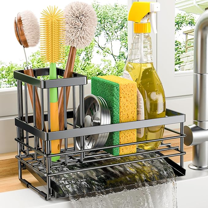 Cisily Sink Caddy Sponge Holder for Kitchen with Brush Holder and Stainless Steel Self Drain Tray, Rustproof Kitchen Sink Organizer for Sponge, Soap Dispenser Storage Accessories