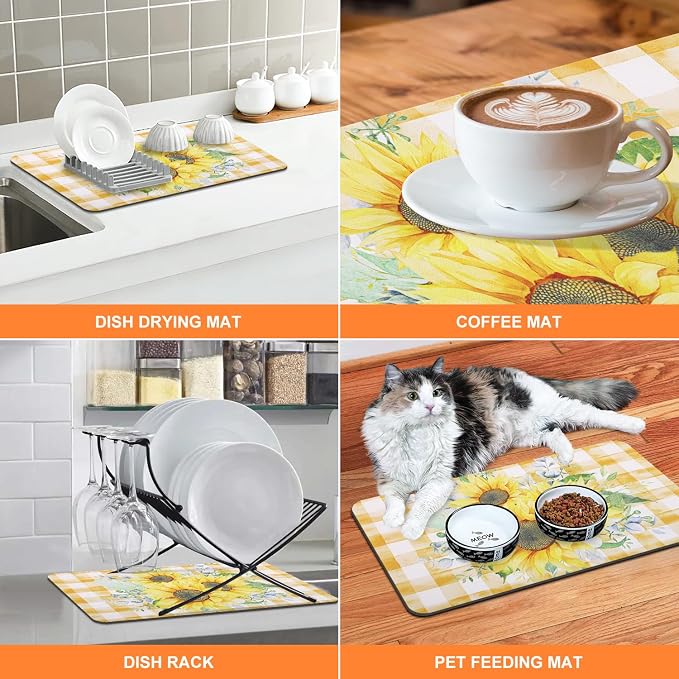LOKHOM Dish Drying Mat for Kitchen Counter, 12"x20" Absorbent Coffee Bar Mat with Sunflowers, Vintage Floral Dish Drainer Rack Mats for Kitchen Counter Coffee Maker Pot Dining Room Decoration